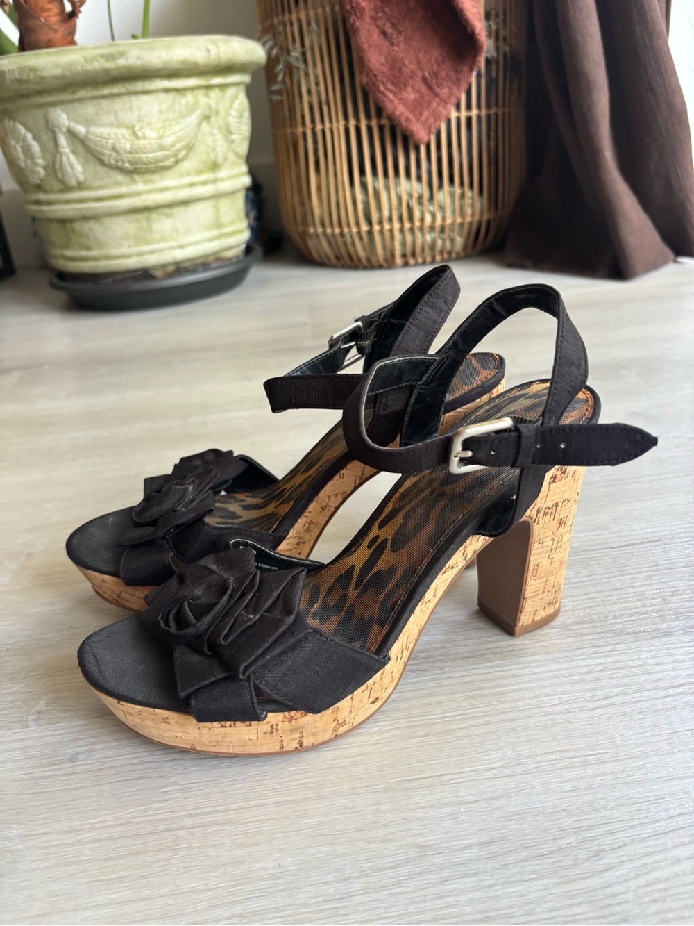 Kelly & Katie Black Cork-Platform Wedges with Floral Accent
